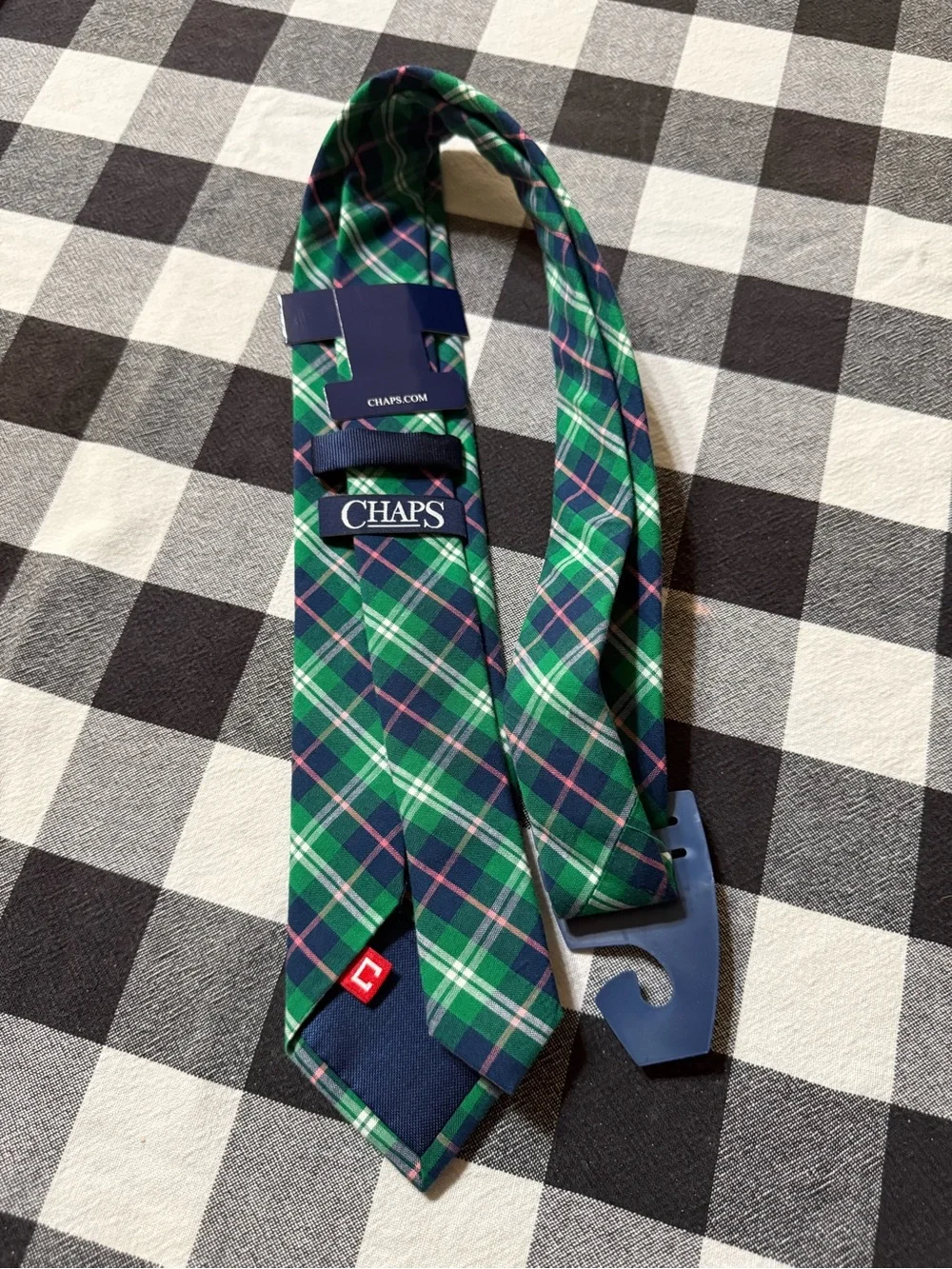 Chaps Green Plaid Tie with Navy and Pink Stripes